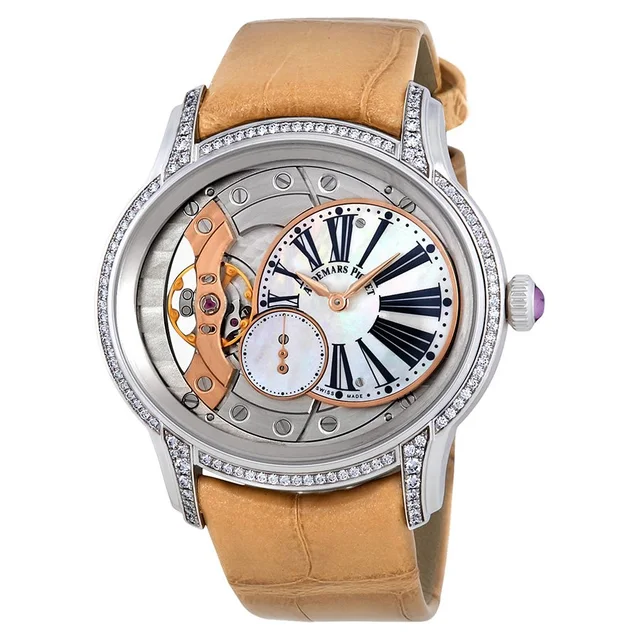 Audemars Piguet Millenary Diamond White Mother Of Pearl Dial Ladies Watch 77247BC.ZZ.A813CR.01 in pink|gold|white|neutral Crocodile from Jomashop.com