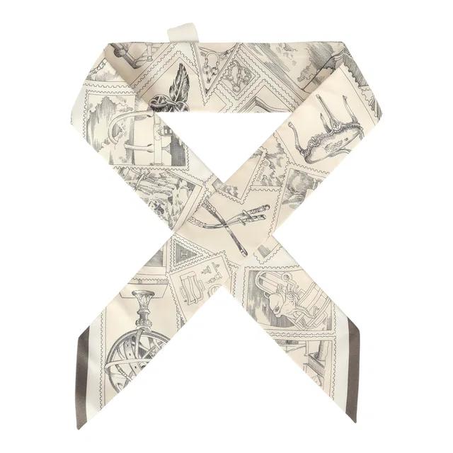 Hermès "Le Philateliste Du Faubourg" Parchemin, Graphite Multi Silk Twilly in Grey Silk from Madison Avenue Couture