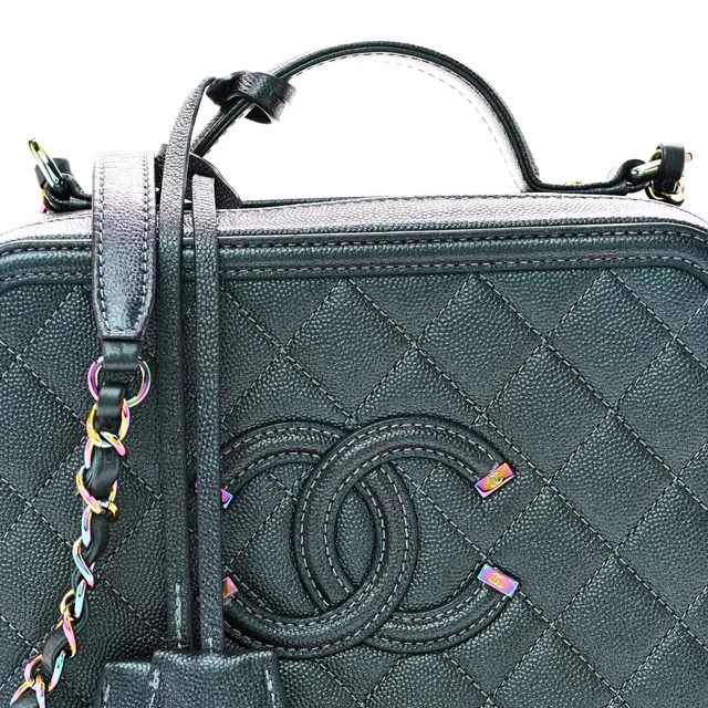Chanel Iridescent Caviar Quilted Medium CC Filigree Vanity Case Dark Turquoise in Blue Caviar leather from FASHIONPHILE, photo 8 of 11