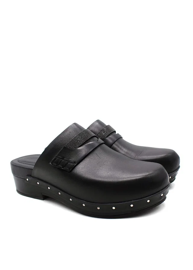 Brunello Cucinelli Black Bead-Embellished Leather Clogs in Black Leather from HEWI