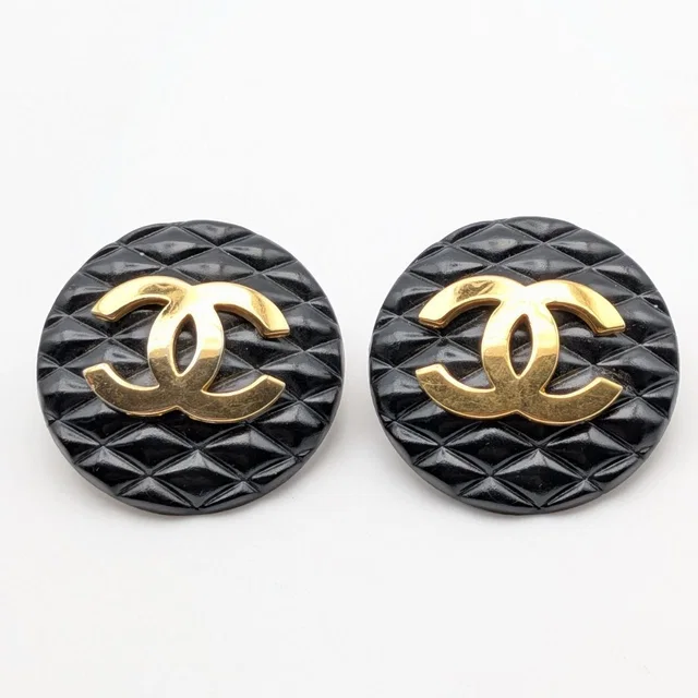 Chanel Earrings CC Logo Quilted Gold Black Round First Era Vintage in Black from The Reluxe