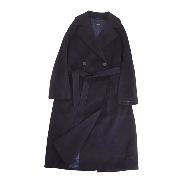 Max Mara Weekend Coat Long with Belt Double Breasted Wool Navy in Navy Wool from The Reluxe
