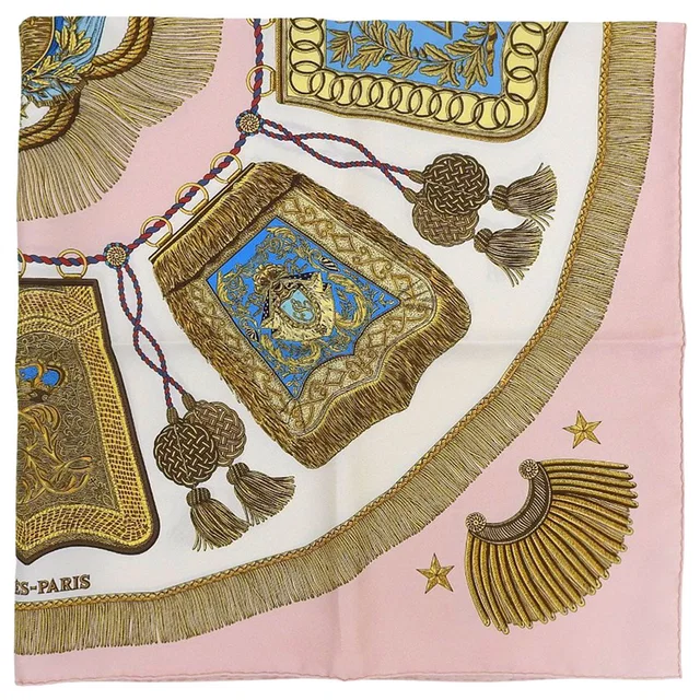 Hermès 90 POSTE ET CAVALERIE Scarf Pink/White/Yellow in White Silk from VINTAGE QOO TOKYO