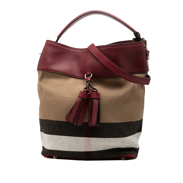 Brown Burberry Medium Mega Check Canvas and Grained Calfskin Ashby Tassel Bucket Bag Satchel in Brown Caviar leather from Designer Revival