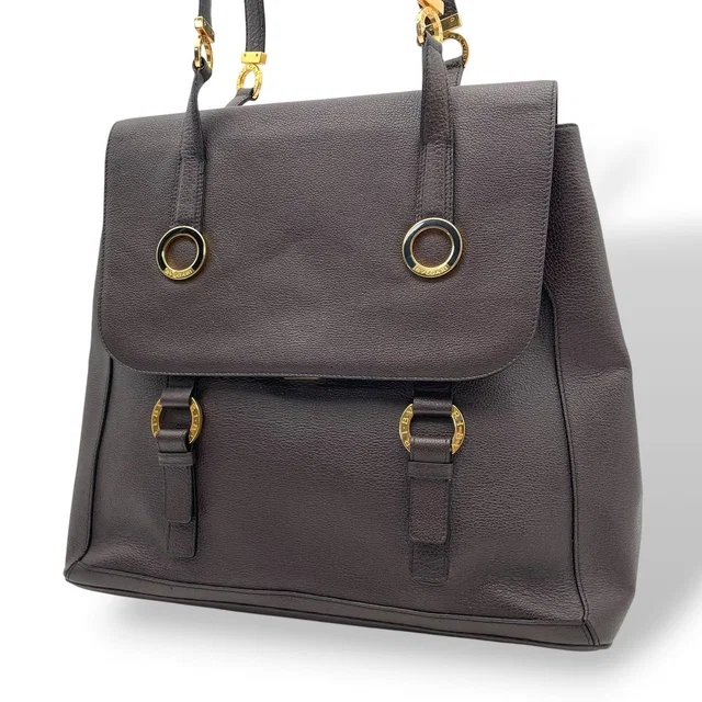 Bvlgari Tamara Tote Flap Circle Gray Leather Dark Brown Gold Vintage E5 in Brown Leather from The Reluxe