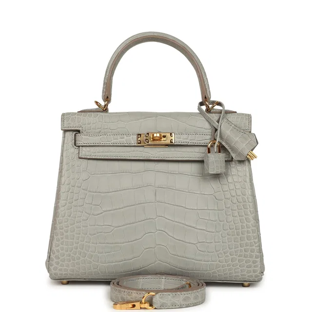 Hermès Kelly Retourne 25 Gris Perle Matte Alligator Gold Hardware in Grey Crocodile from Madison Avenue Couture