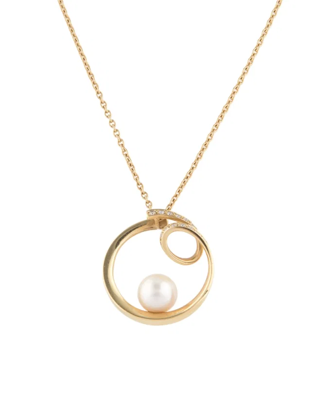 Mikimoto 18K Pearl & Diamond Swirl Pendant Necklace, 18" in multicolor from The RealReal
