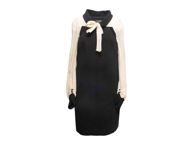 Black & White Chanel Cotton & Silk Long Sleeve Dress Size FR 44 in Black Silk from Designer Revival