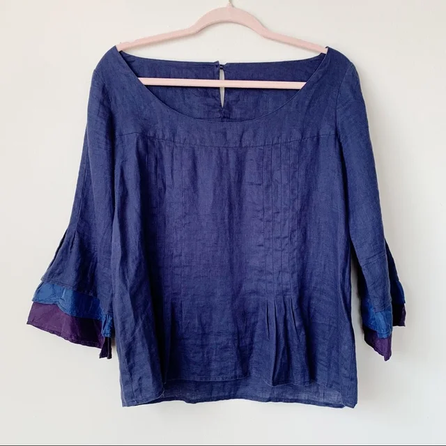 Max Mara Camicia Blouse Linen Silk Ruffle Sleeve Pleats Navy Purple Size 4 in purple|blue Silk from Poshmark