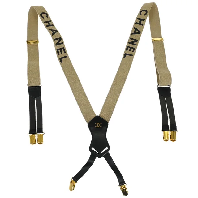 Chanel Suspenders Beige Small Good in Beige Canvas from AMORE Vintage Tokyo