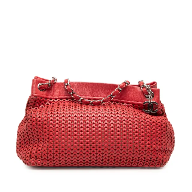 Red Chanel Woven Caviar CC Charm Tote in Red Caviar leather from Designer Revival