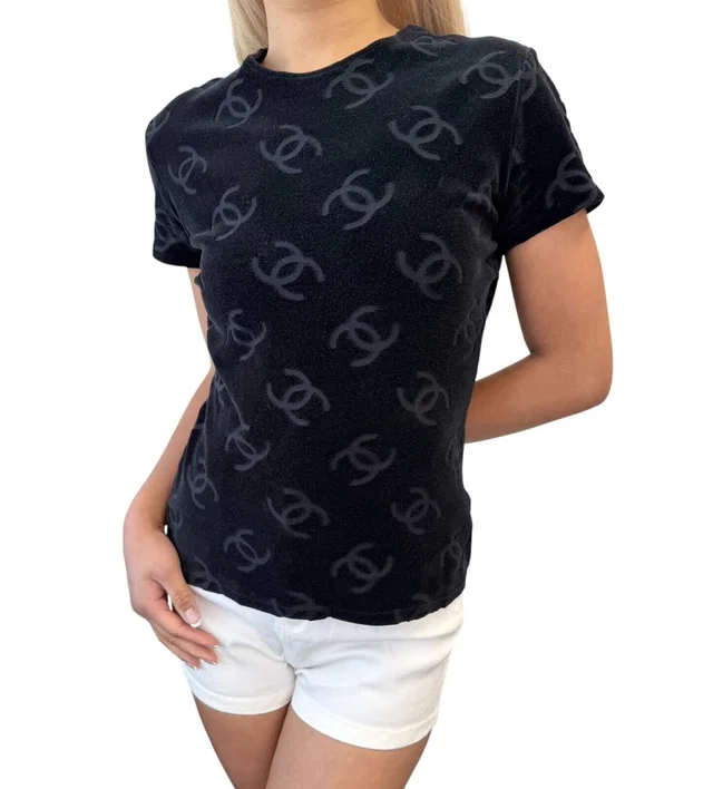 Chanel Vintage 1996 CC Mark Logo Velour T-shirt Top #42 Black Cotton Nylon in Black Nylon from Luxury Promise