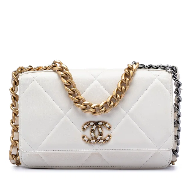 White Chanel Quilted Lambskin 19 Wallet on Chain Satchel in White Lambskin from Designer Revival