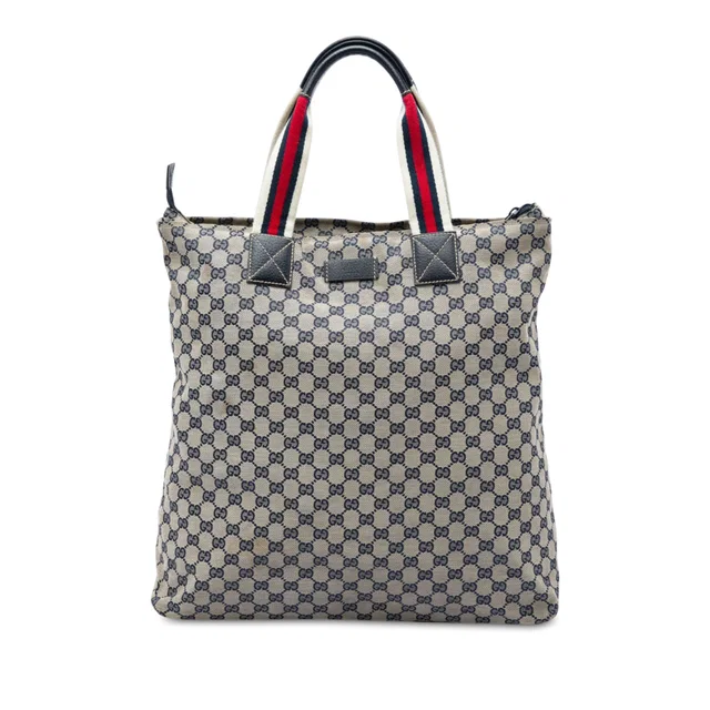 Beige Gucci GG Canvas Web Vertical Tote in Beige Canvas from Designer Revival