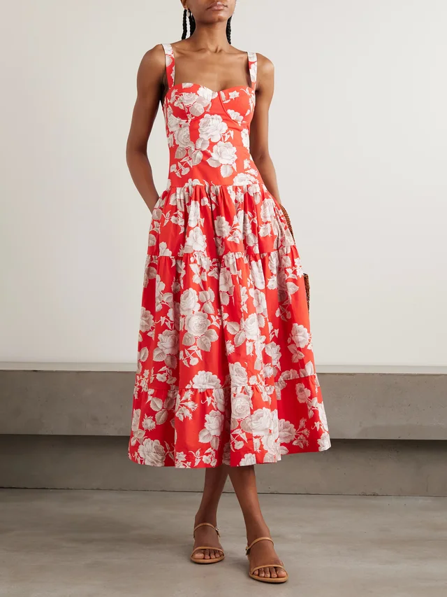 CARA CARA Santiago tiered floral-print cotton-poplin midi dress in Red, photo 2 of 2 from NET-A-PORTER (Canada)