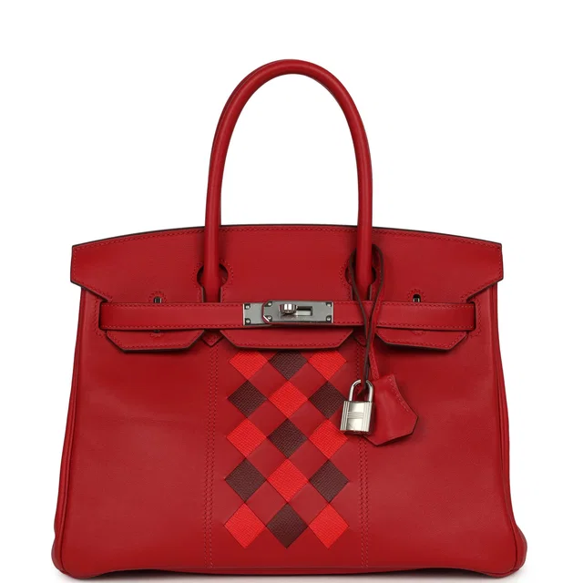 Hermès Birkin 30 Tressage De Cuir Rouge Piment Swift, Rouge H, Rouge De Coeur Epsom Palladium Hardware in Burgundy Epsom leather from Madison Avenue Couture