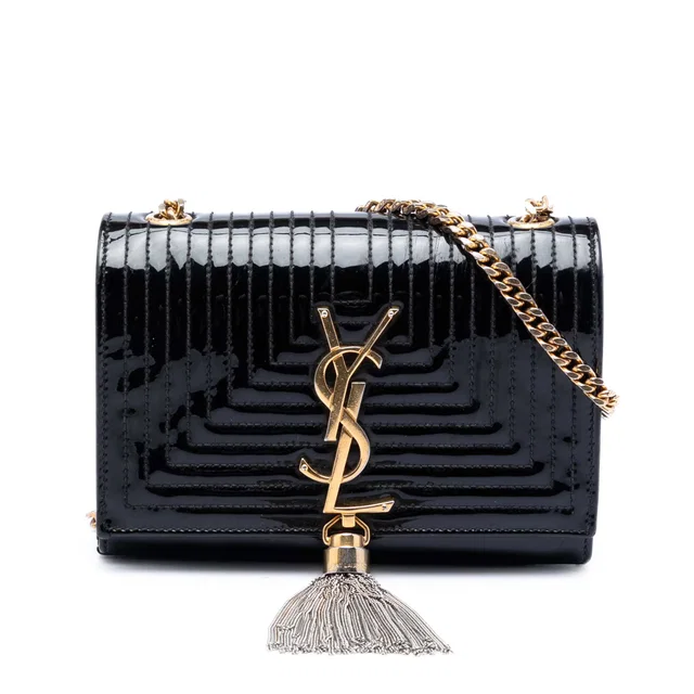 Black Saint Laurent Small Quilted Patent Monogram Kate Tassel Crossbody in Black Patent leather from Designer Revival