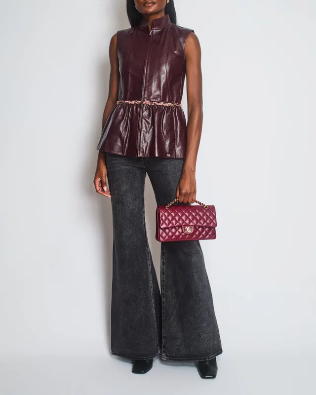 Chanel 2023 Metiers des Arts Burgundy Bordeaux Leather Gilet with Tweed Trim and Peplum Hem Size FR… in Burgundy Tweed from Sellier