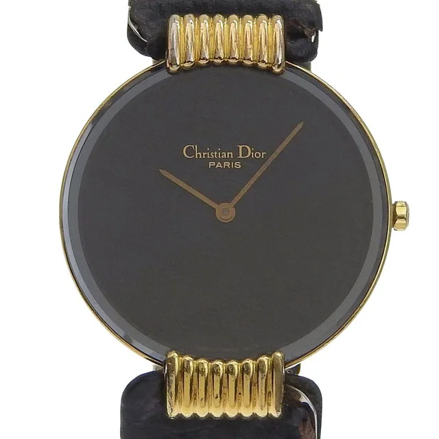 Dior Bakira 47. Gold Plated Leather Quartz Analog Display Black Dial Watch in Black Leather from The Reluxe
