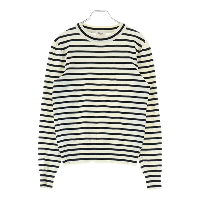 Celine Striped Triomphe Crew Neck Mariniere Wool Knit Sweater White Black in Black Wool from The Reluxe