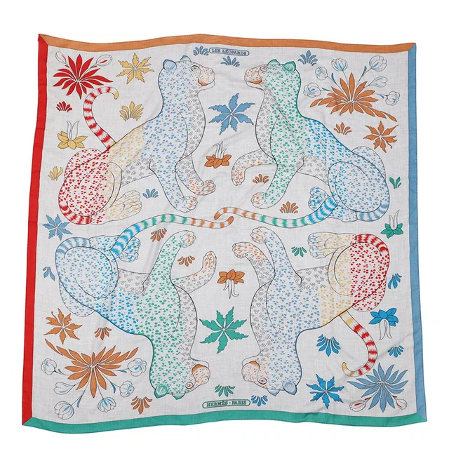Hermès Carre Jean Leopard Size 140 Gray/Multicolor Cashmere Silk in Grey Silk from GALLERY RARE