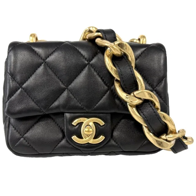 Chanel Shoulder Bag Mini Quilted Chain Turnlock Mini CC Logo Lambskin Black in Black Lambskin from The Reluxe