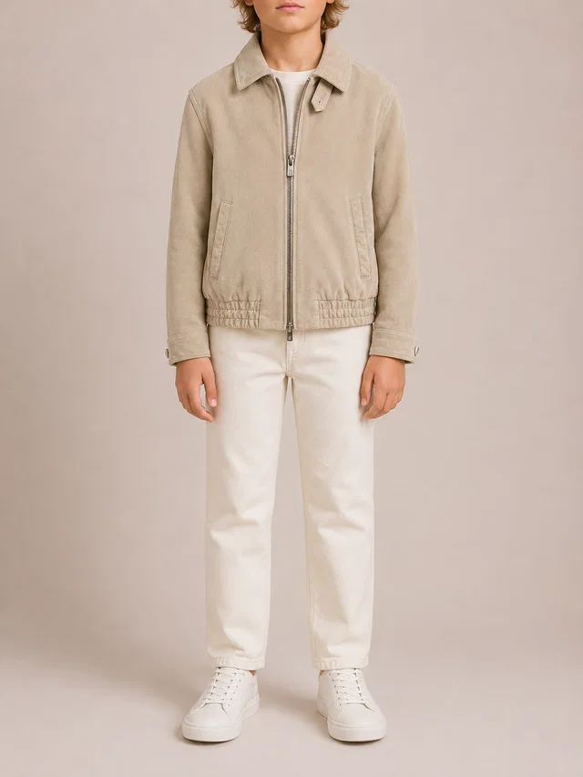 Brunello Cucinelli Kids Beige Suede Leather Jacket with Zip Size 10 years in Beige Suede from Sellier