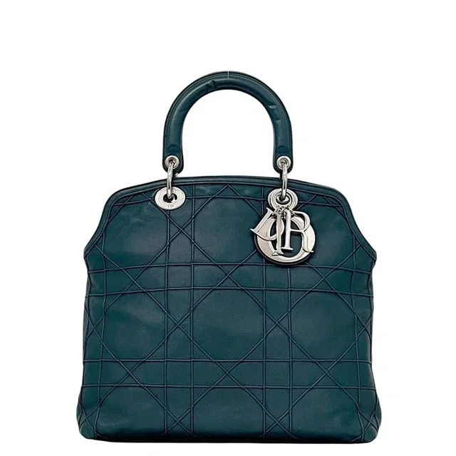 Dior Tote Granville Green Blue Cannage Handbag Leather Logo Charm Stitching in Blue Leather from The Reluxe