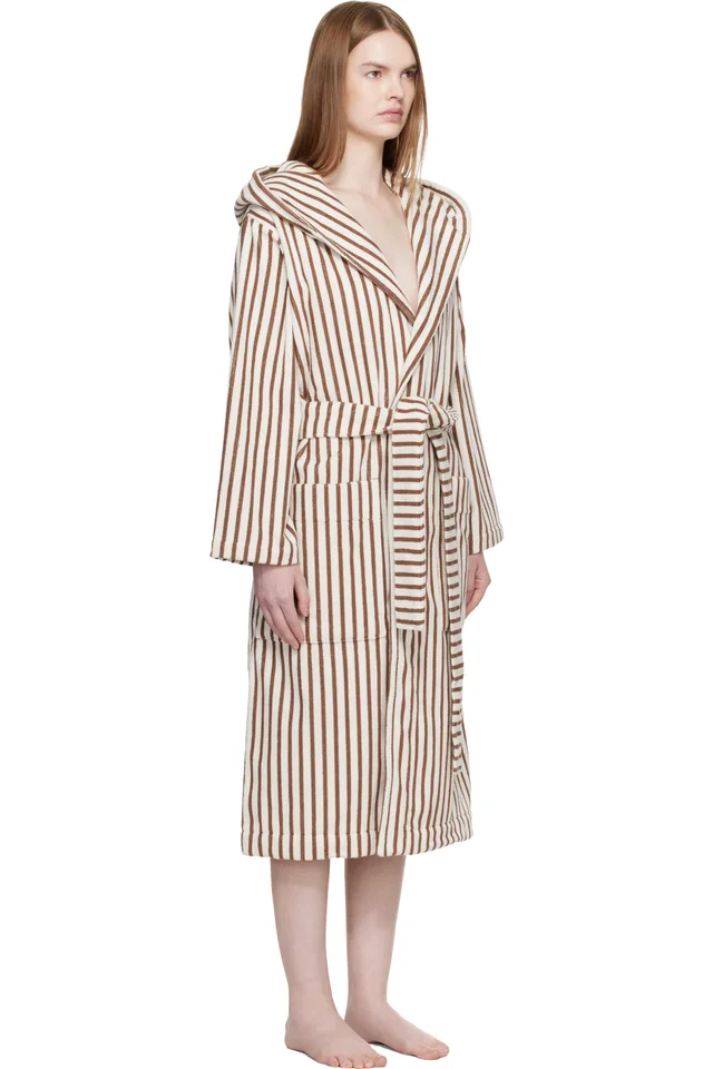 Tekla Off White & Brown Terry Hooded Bathrobe, photo 2 of 4 from SSENSE