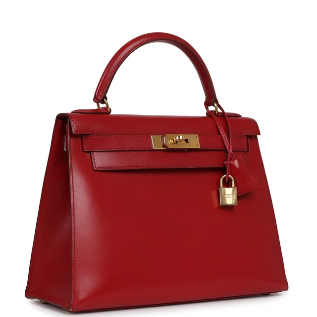 Hermès Vintage Kelly 28 Sellier Rouge Vif Tadelakt Gold Hardware in Red Calfskin from Madison Avenue Couture, photo 2 of 2