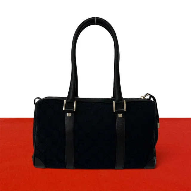 Gucci GG Pattern Logo Canvas Leather Tote Shoulder Bag Mini Black in Black Canvas from The Reluxe