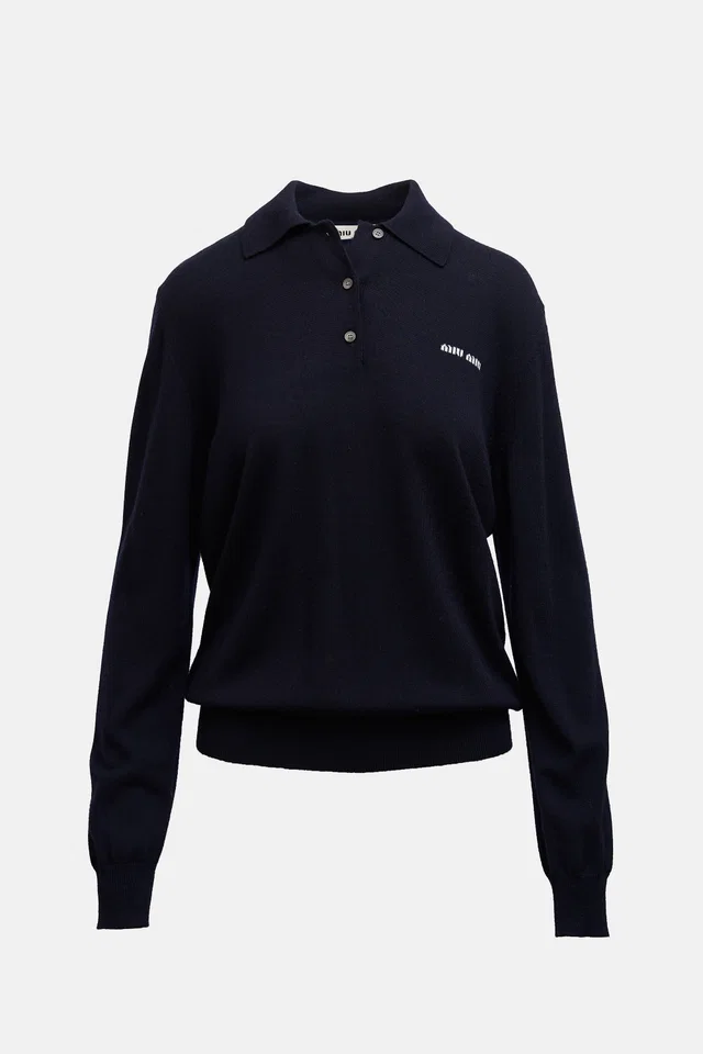 Miu Miu 2024 Wool Logo Polo Shirt in Wool from VSP Consignment