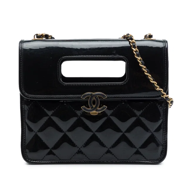Black Chanel Mini Quilted Patent Graphic Catch Flap Satchel in Black Patent leather from Designer Revival