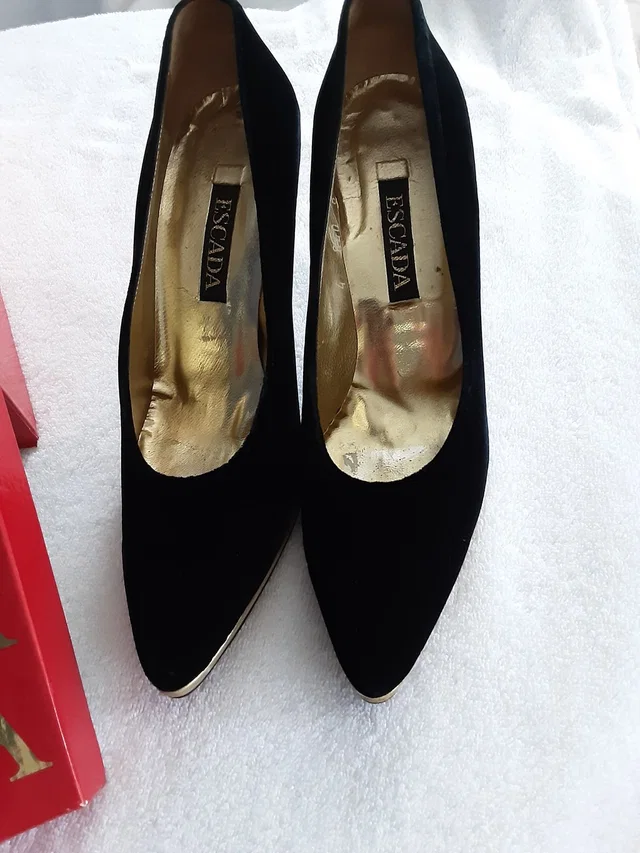 Escada Black Pointed Toe Velvet Pumps With Gold Insole in black|gold Velvet from Poshmark