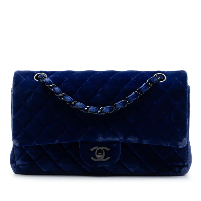 Blue Chanel Medium Classic Velvet Double Flap Shoulder Bag in Blue Velvet from Designer Revival
