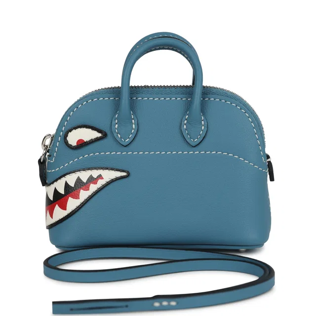 Hermès Bolide Shark Bag Charm Blue Jean, Black and White Swift Palladium Hardware in Black Swift leather from Madison Avenue Couture