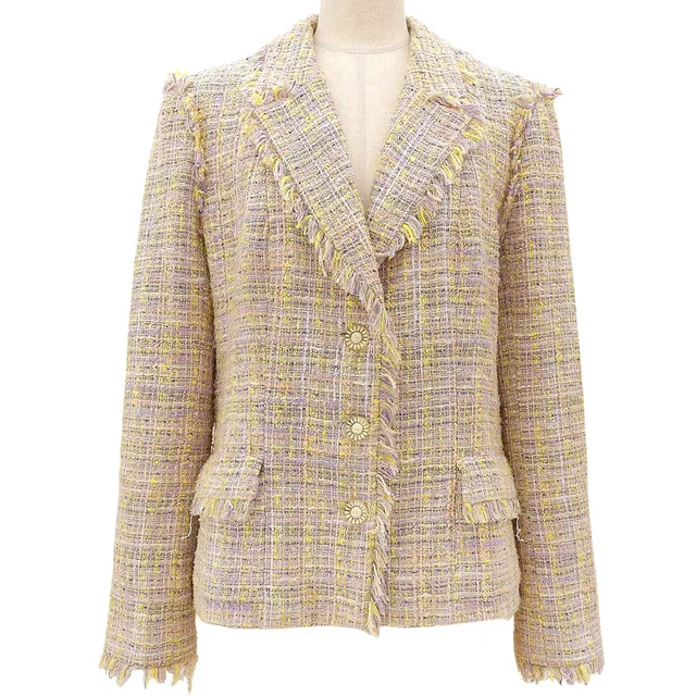 Chanel 2004 Tweed CC Mark Button Fringed Jacket #42 Pink/Purple/Multi in Pink Tweed from VINTAGE QOO TOKYO