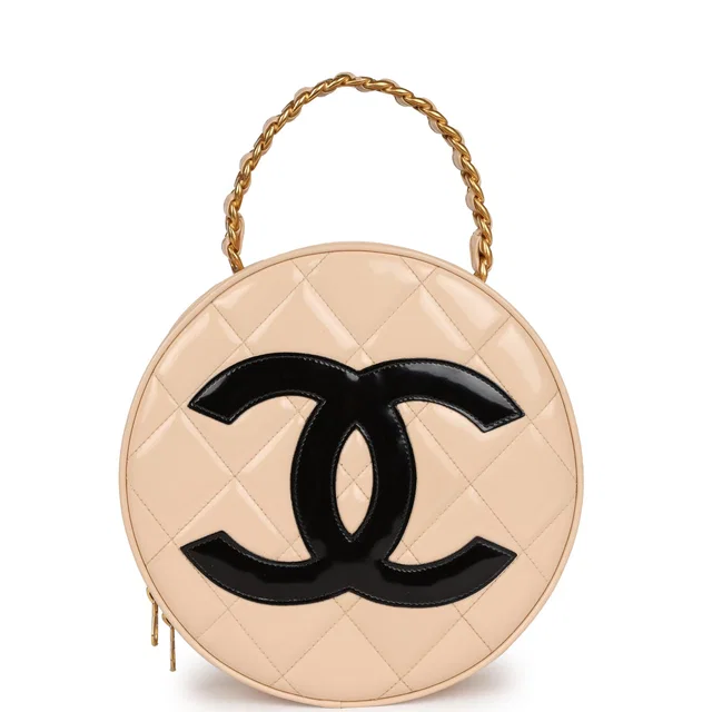 Chanel Vintage Round Vanity Bag Beige, Black Patent Leather Antique Gold Hardware in Black Patent leather from Madison Avenue Couture