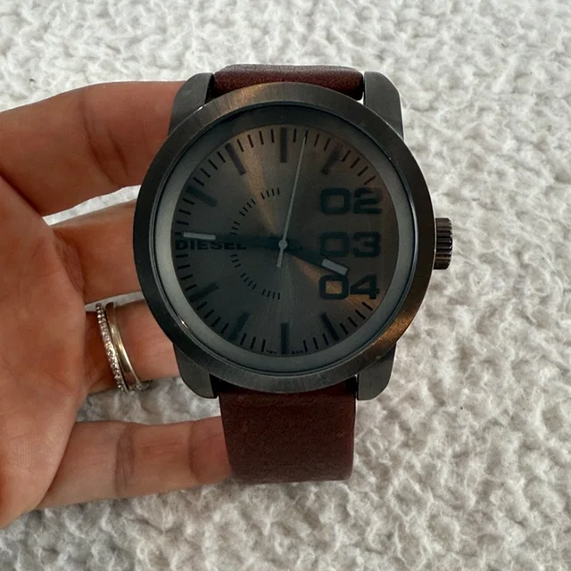 Diesel Oversized Grayed Out Black Dial With Brown Leather Strap Watch in red|black|brown Leather from Poshmark