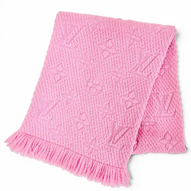 Louis Vuitton Echarpe Logomania Wool Silk Monogram Fringe Scarf Pink in Pink Silk from The Reluxe