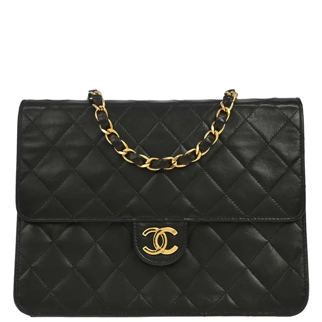 Chanel 1997-1999 Black Lambskin Pushlock Small Half Flap Shoulder Bag in Black Lambskin from AMORE Vintage Tokyo