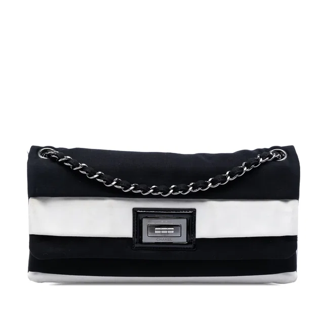 Black Chanel Striped Canvas Reissue 2.55 Single Flap Shoulder Bag in Black Canvas from Designer Revival