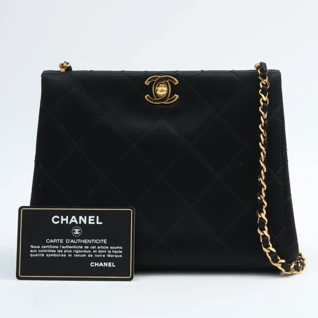 Chanel Ca. 1998 Silk Satin Matelassé Stitch CC Turn-Lock Chain Bag Black in Black Satin from VINTAGE QOO TOKYO, photo 12 of 12