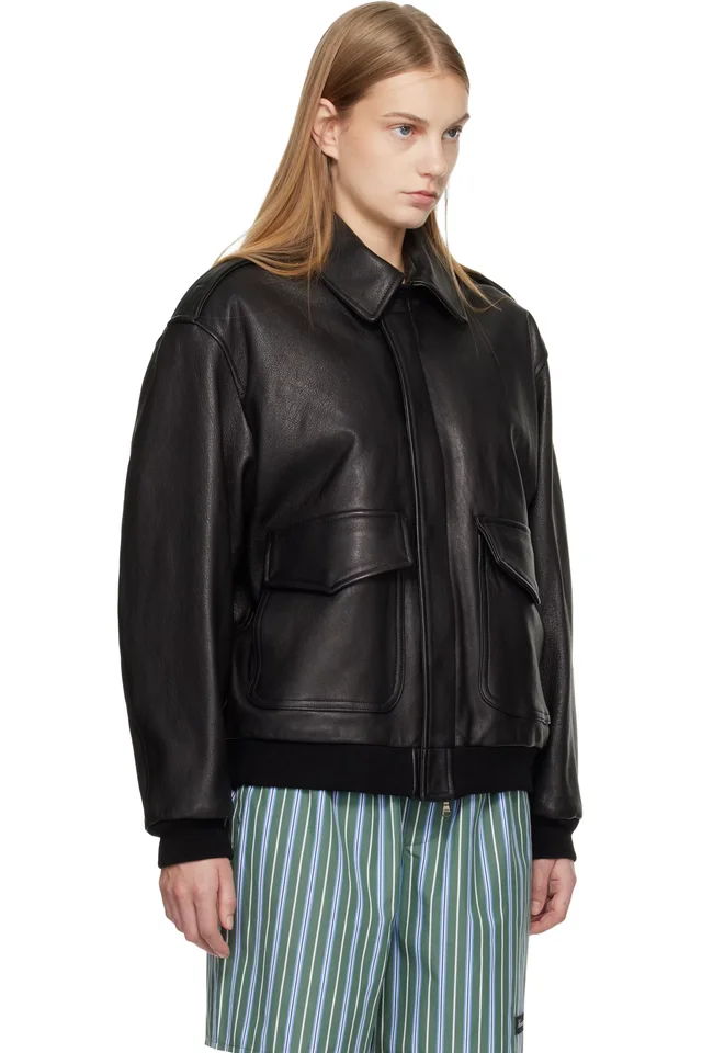HommeGirls Black Leather Bomber Jacket, photo 2 of 4 from SSENSE
