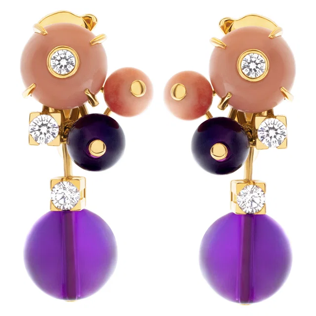 Cartier Delices de Goa earrings in 18k with diamonds, coral and amethyst in Purple Yellow Gold from Gray And Sons
