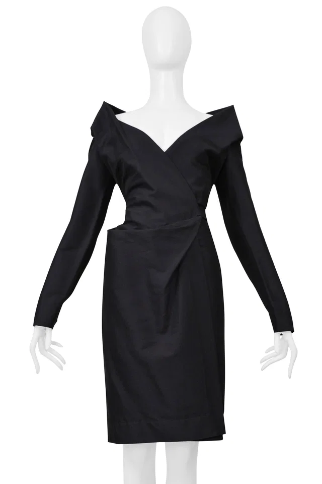 Vivienne Westwood Red Label Black Cold Shoulder Wrap Coat in Black Silk from Resurrection Vintage