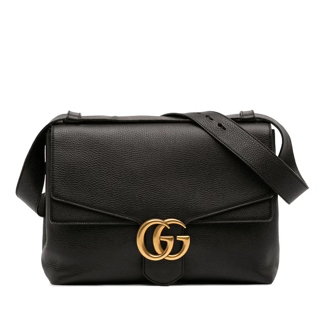 Black Gucci Large GG Marmont Pebbled Calfskin Flap Shoulder Bag in Black Calfskin from Designer Revival