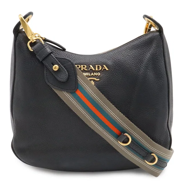 Prada Shoulder Bag Striped Crossbody Leather Nero Black Gold in Black Leather from The Reluxe