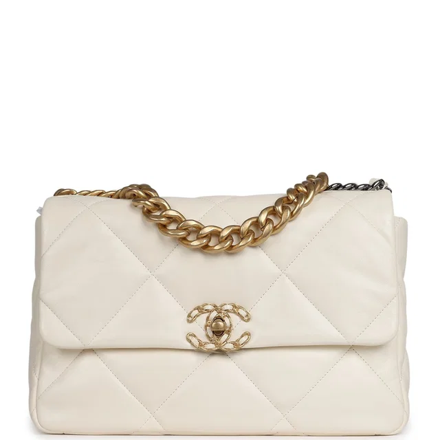 Chanel Large 19 Flap Bag White Shiny Lambskin Mixed Metal Hardware in White Lambskin from Madison Avenue Couture