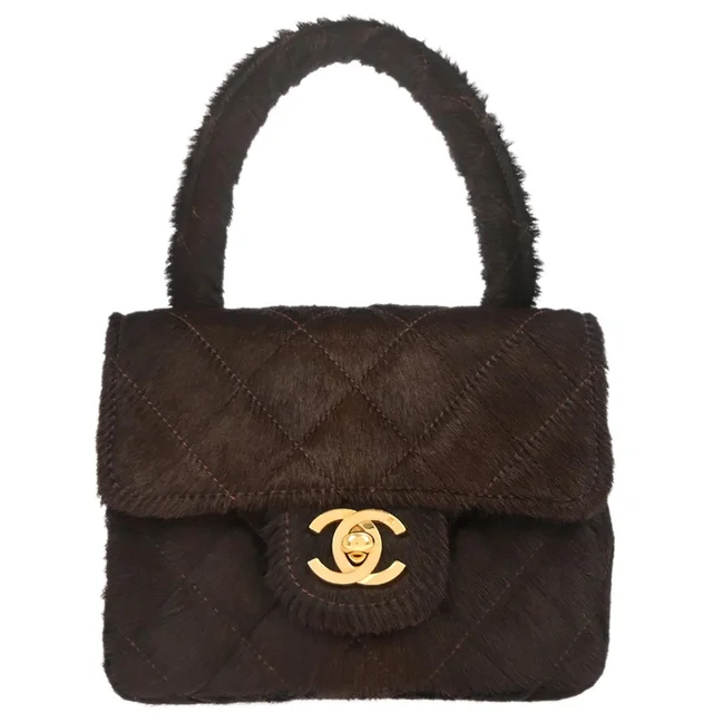 Chanel 1991-1994 Brown Pony Hair Micro Classic Flap Handbag in Brown from AMORE Vintage Tokyo
